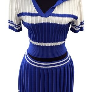 Blue and White Ribbed Knit Skirt Set - Women's Two-Piece